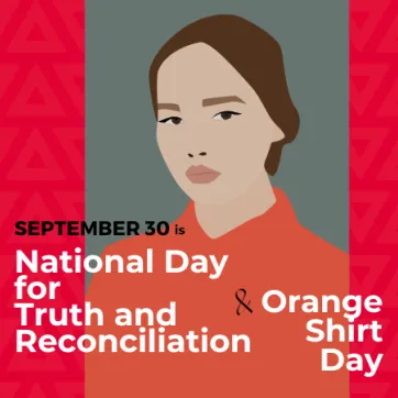 A portrait of a person wearing an orange shirt with the words September 30 is National Day for Truth and Reconciliation & Orange Shirt Day