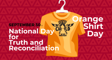 Text: September. National Day for Truth and Reconciliation. Orange Shirt Day. Image: An orange t-shirt on a hanger with the "Every Child Matters" 2024 logo in the middle.