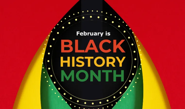 Text: Black History Month. Image: the text is surrounded by the colours of green, yellow, and red.