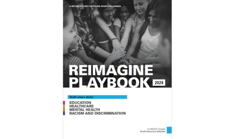 Text: Reimagine Playbook 2024. Image: a group of young people are standing in a circle with one hand on top of the other.