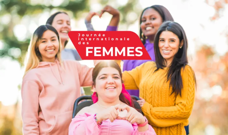Text: Journée internationale des femmes. Image: 5 femmes font un cœur avec leurs mains.